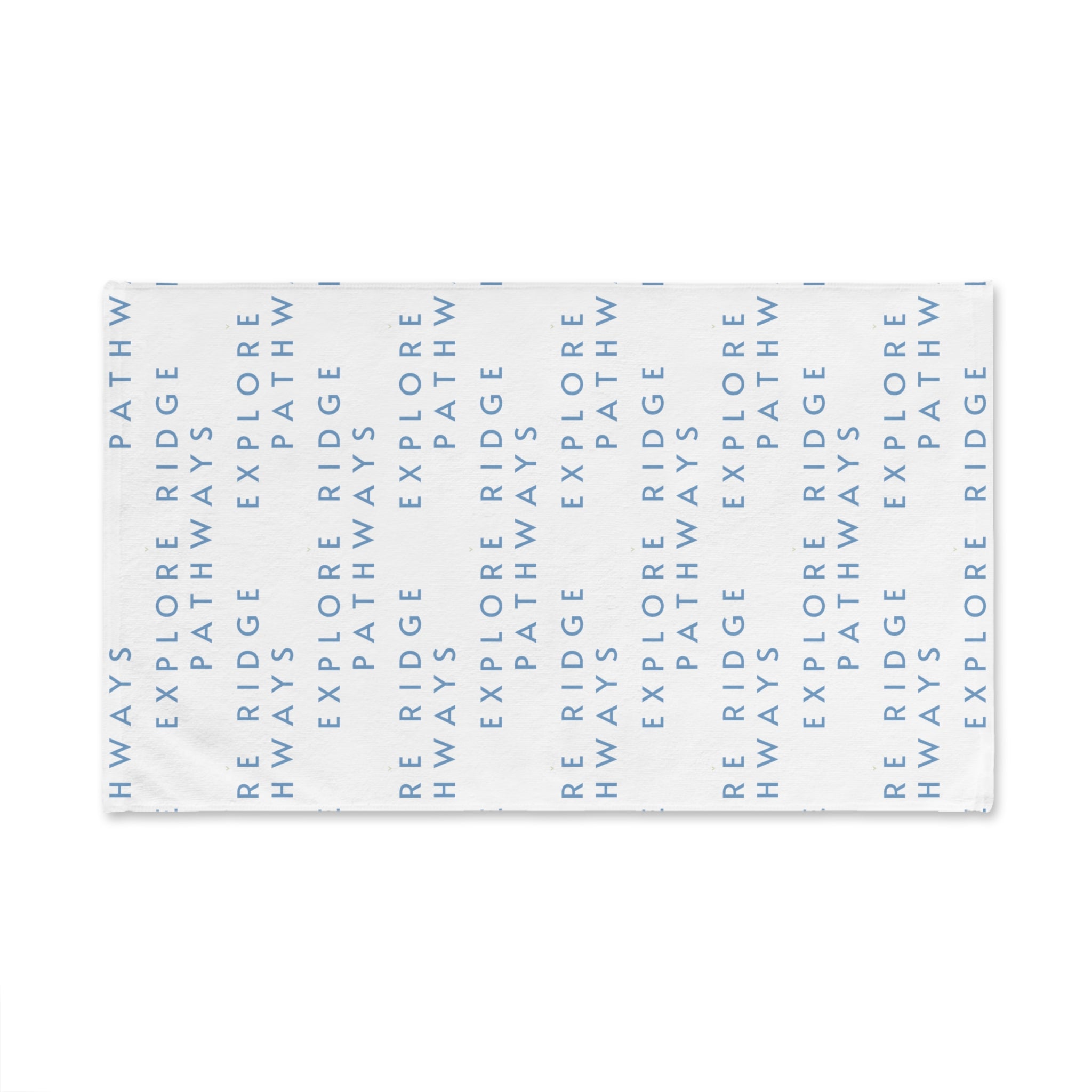 Explore Ridge Pathways Hand Towel — Minimal Blue Repeating Text Design
