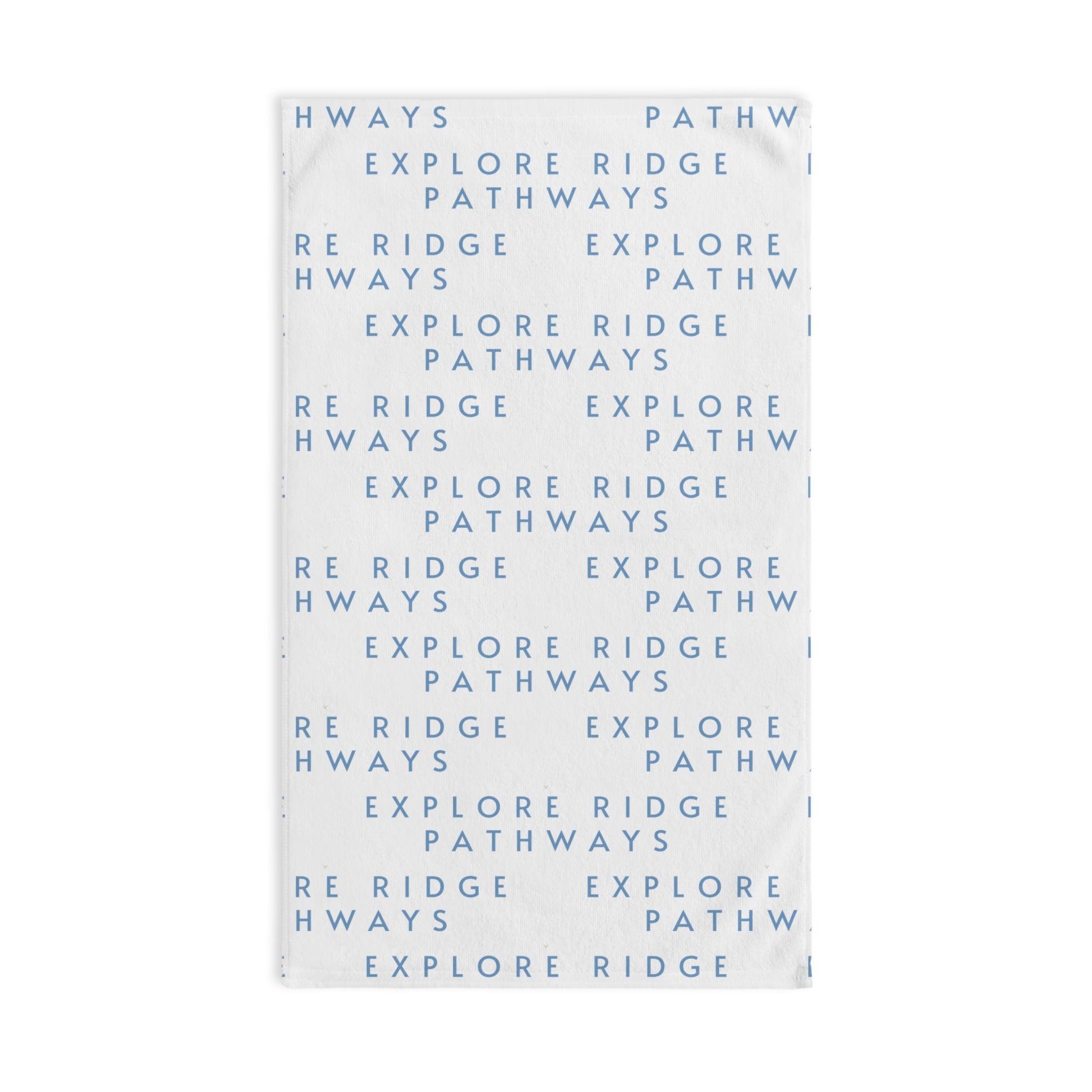 Explore Ridge Pathways Hand Towel — Minimal Blue Repeating Text Design