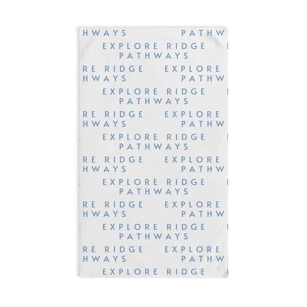 Explore Ridge Pathways Hand Towel — Minimal Blue Repeating Text Design