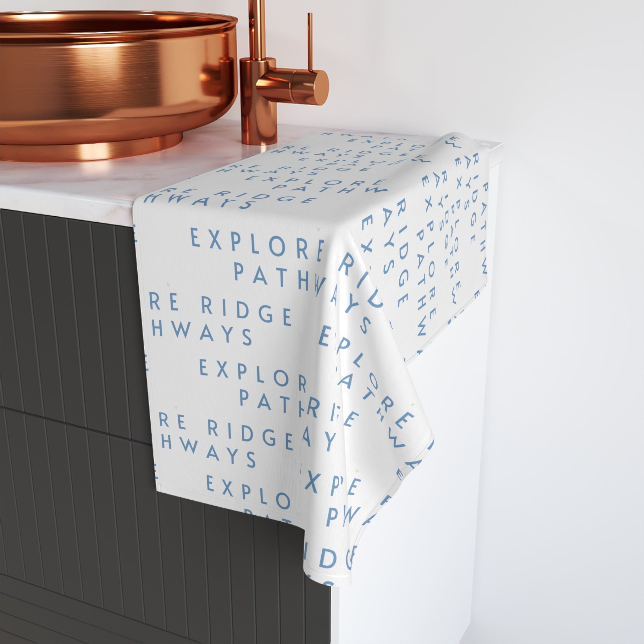 Explore Ridge Pathways Hand Towel — Minimal Blue Repeating Text Design