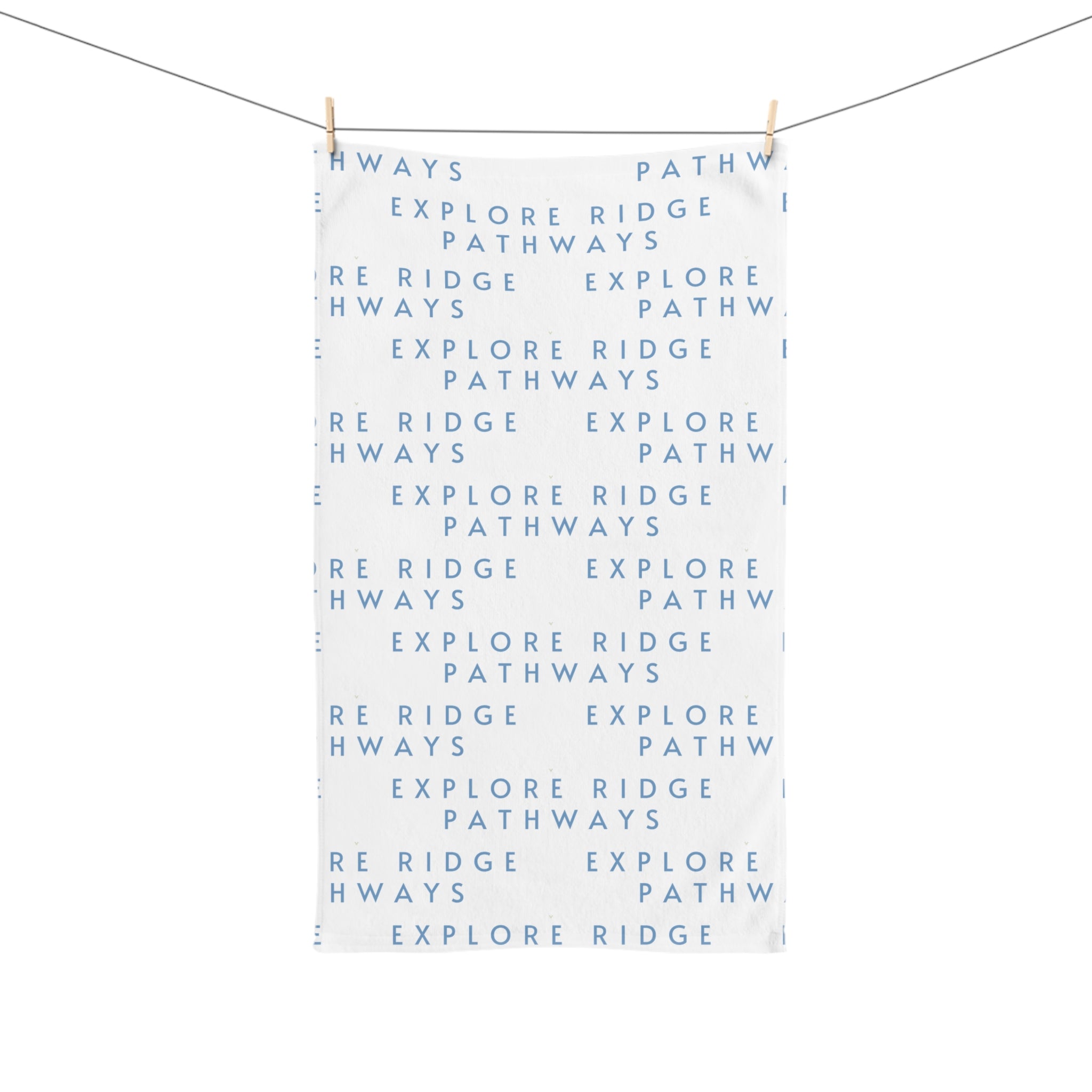 Explore Ridge Pathways Hand Towel — Minimal Blue Repeating Text Design