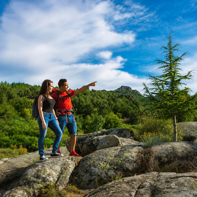 A couple of hikers standing on large rocks in a mountainous forest landscape under a blue sky with clouds, with one hiker pointing toward a distant peak.