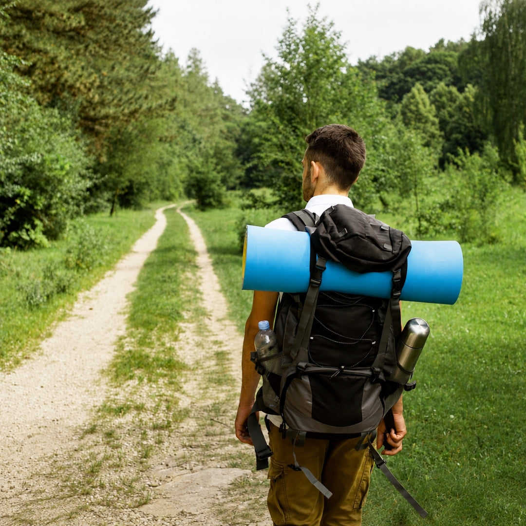 A man hiking on a dirt path in a lush green forest, viewed from behind. He is wearing a black backpack with a bright blue rolled sleeping pad and a silver water bottle.